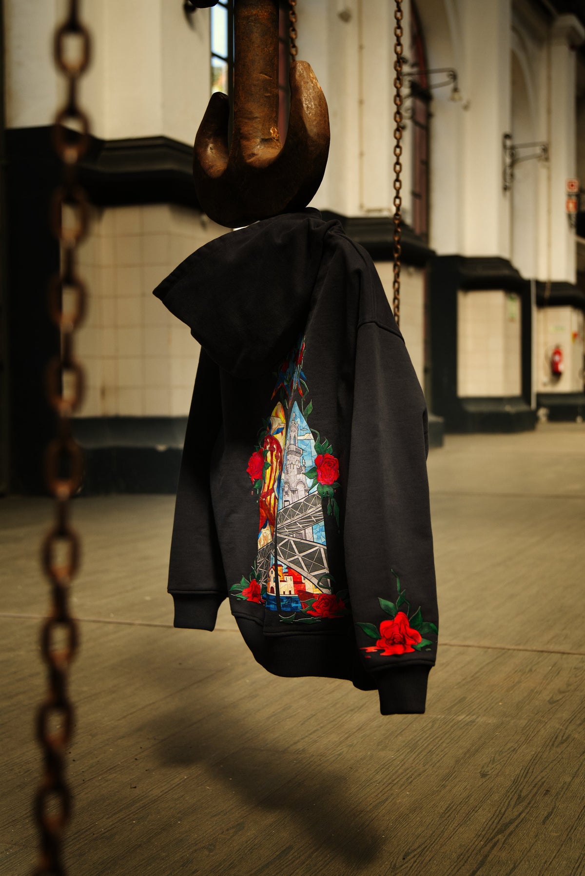 Invicta Hoodie, back, on a hook in Porto's tram museum